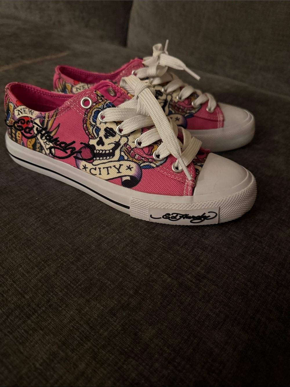 Ed Hardy Hot Pink Skull Canvas Low-Top Sneakers